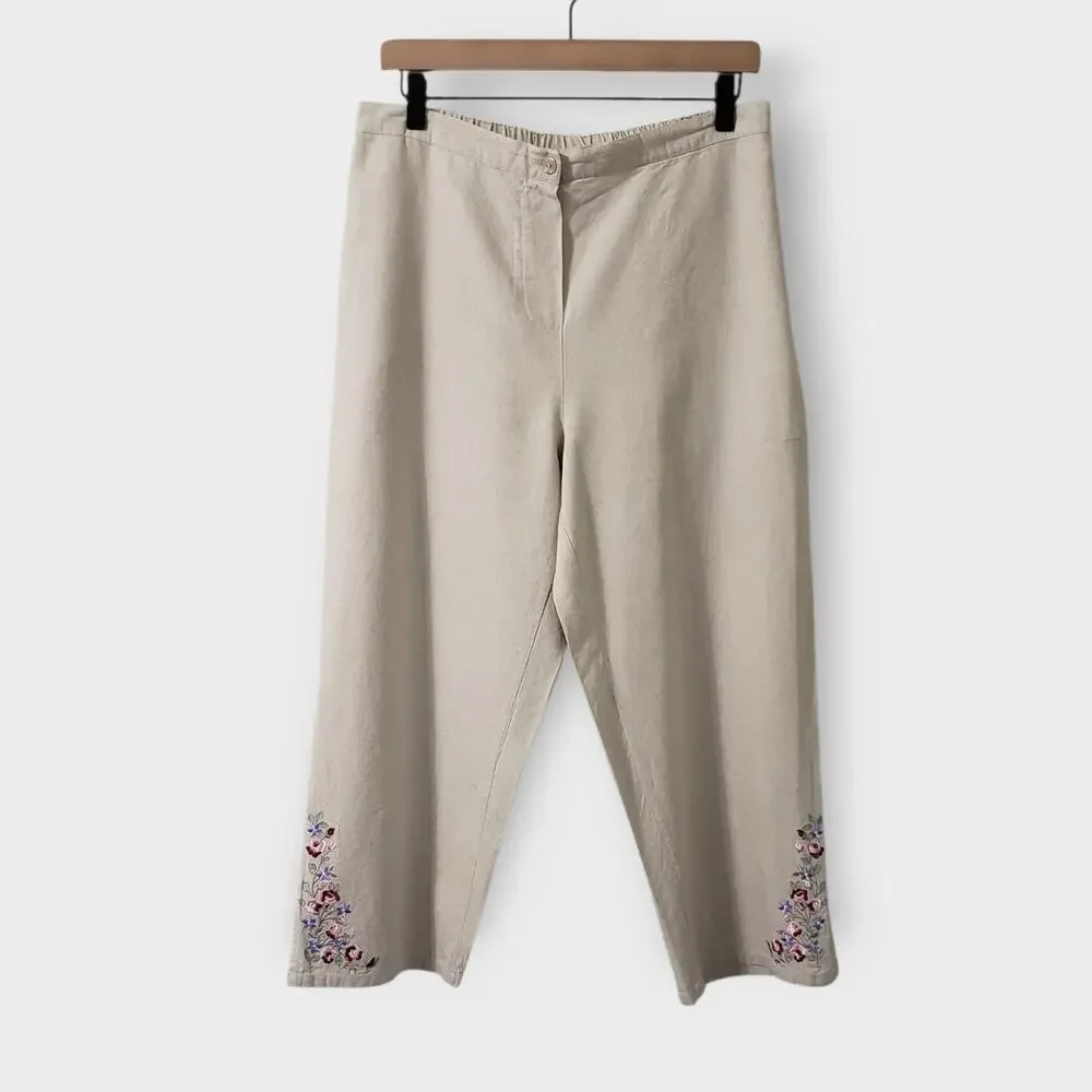 Vtg Fashion Bug Linen Blend Floral Embroidered Crop Pant Medium Neutral Tan NWOT